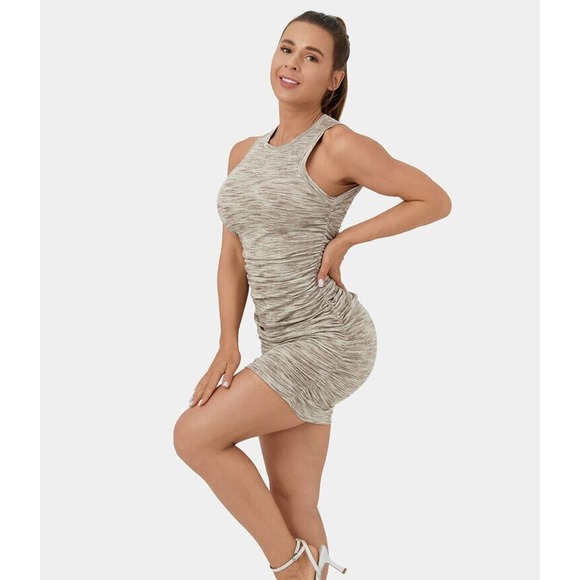 NWT Halara Womens Round Neck Sleeveless Ruched Dress Medium Bodycon Midi Casual - Picture 3 of 12